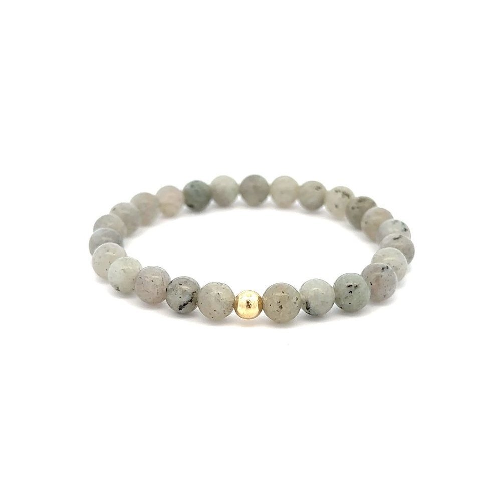 Natural Labradorite 6mm Stretchable Bracelet 18k Gold Bead Charm